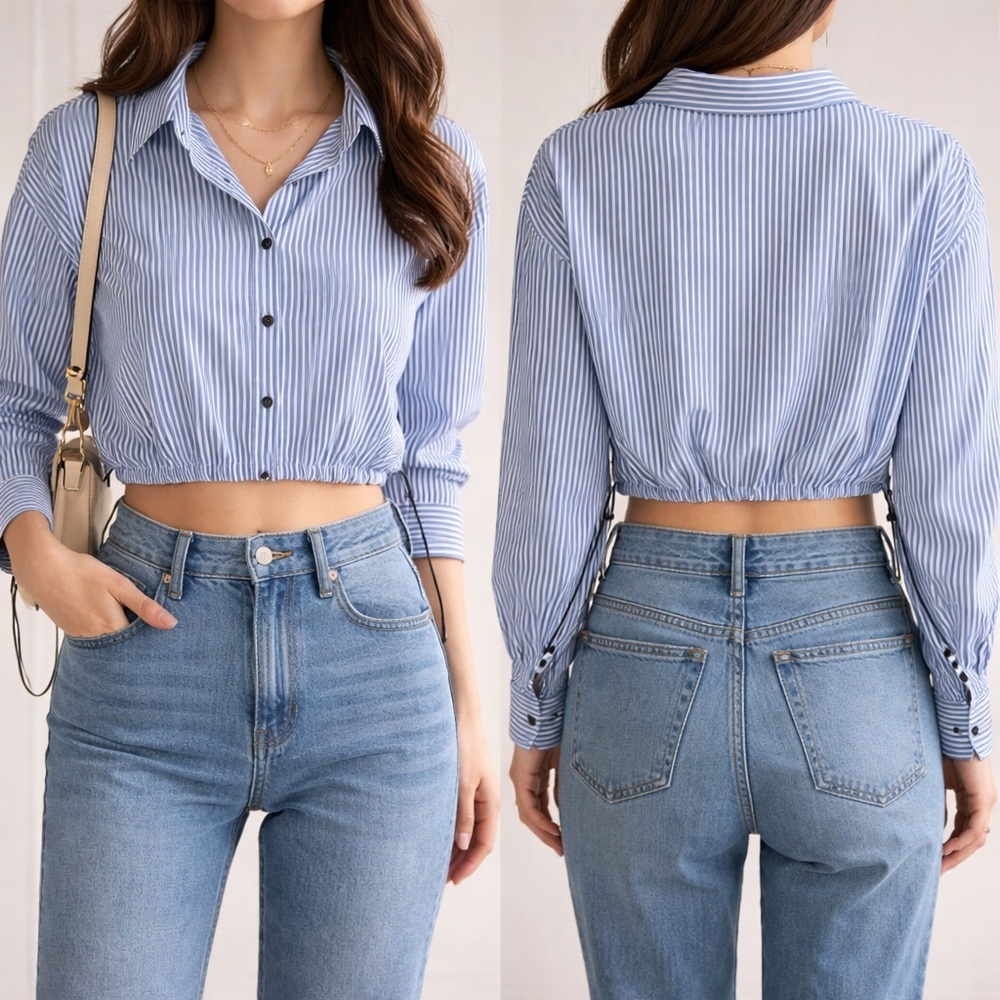 Emerson Lang Striped Cropped Button Shirt Adjustable Hem Size L